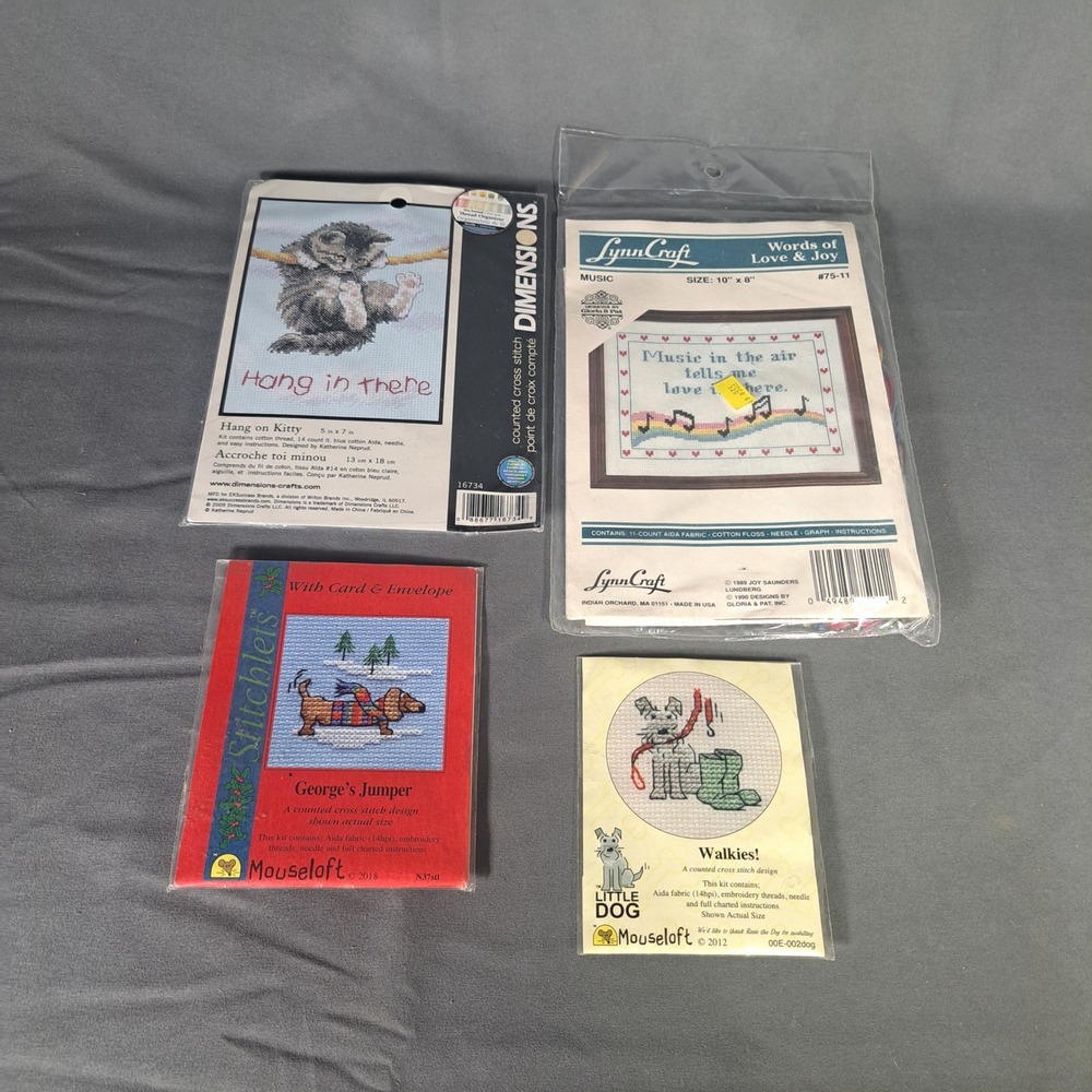 VTG Counted Cross Stitch Kit Lot Dimensions LynnCraft‎ Mouseloft Cat Dog Craft
